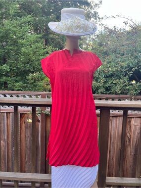 Bright Red Pleated Midi Dress for Women